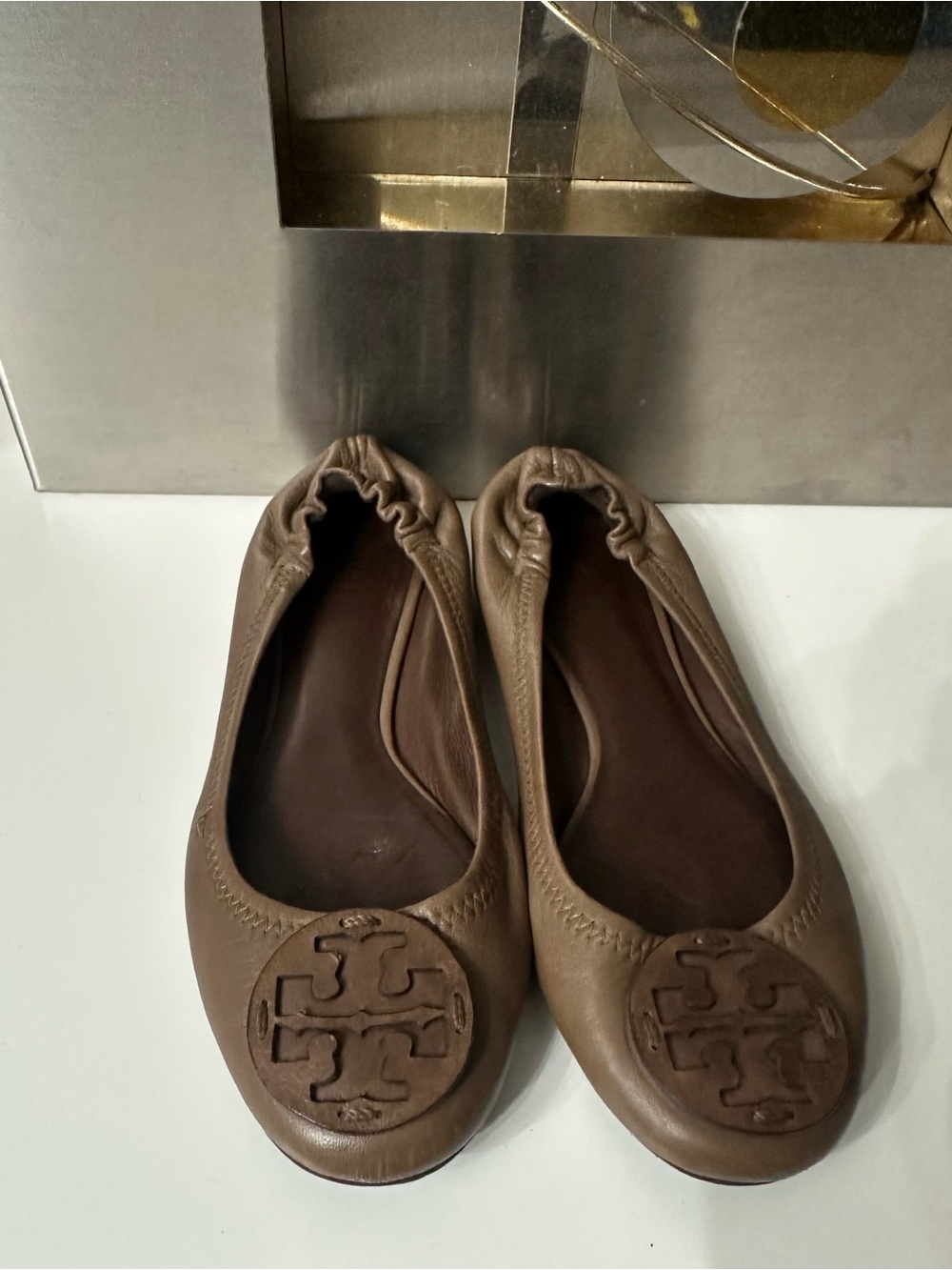 Tory Burch Taupe Leather Logo Ballet Flats